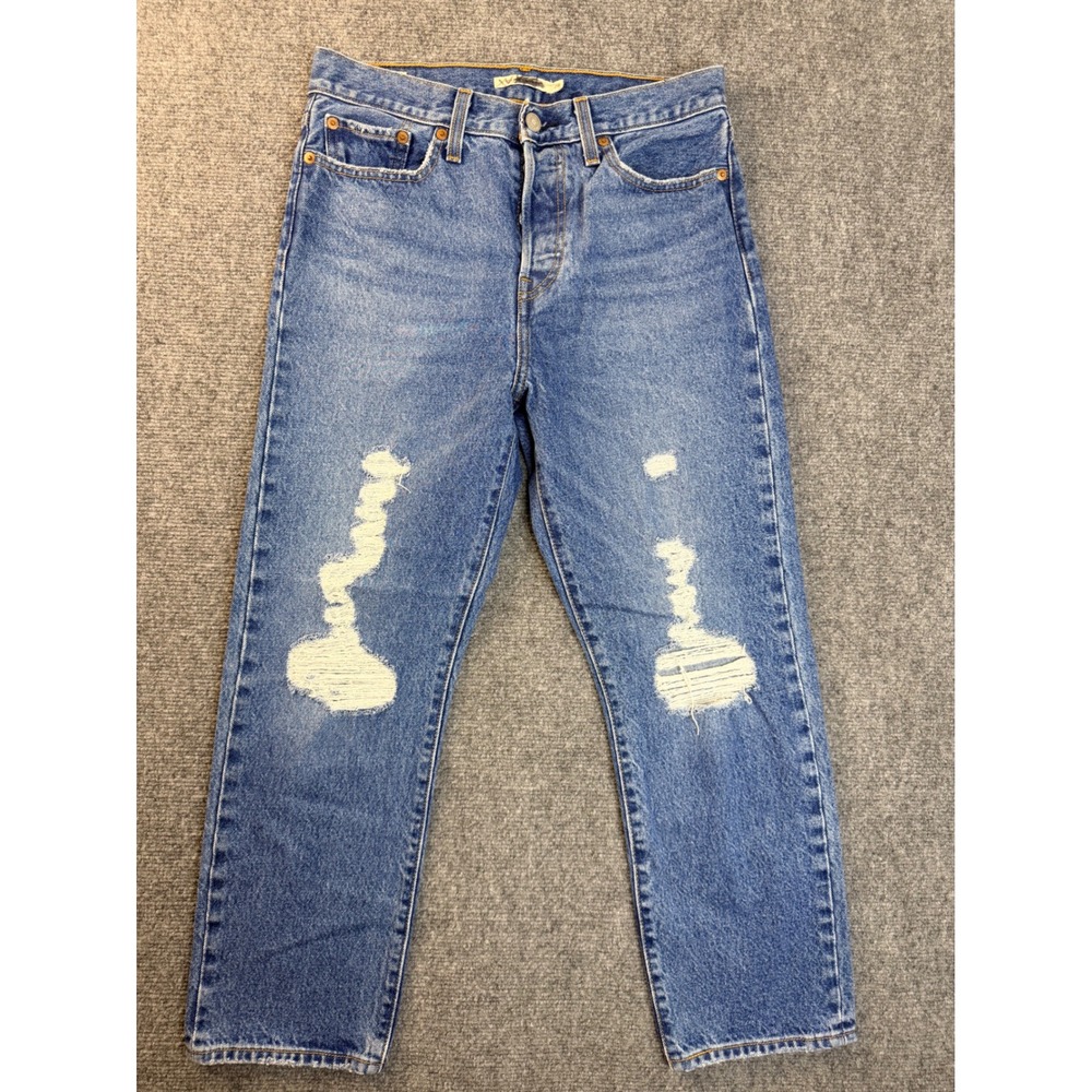 Levis 501 Original Fit Jeans Womens 28 Blue Distressed Big E Straight Leg Denim